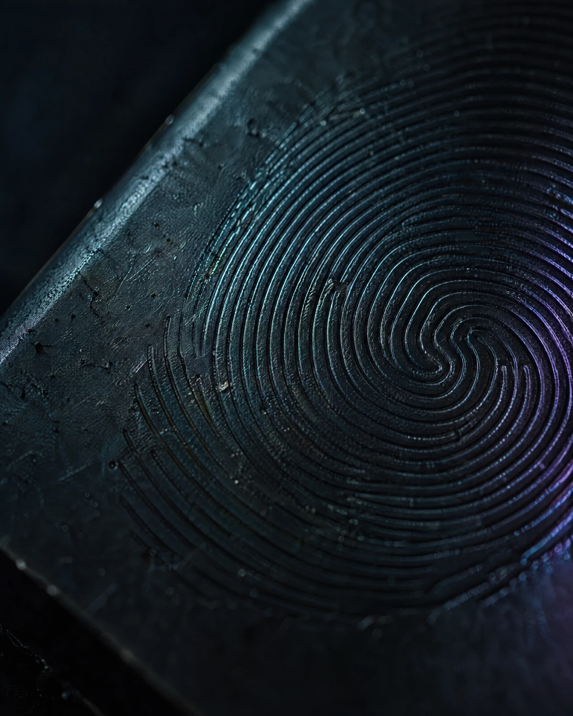 Close-up of a fingerprint pattern etched into a dark metal surface.
