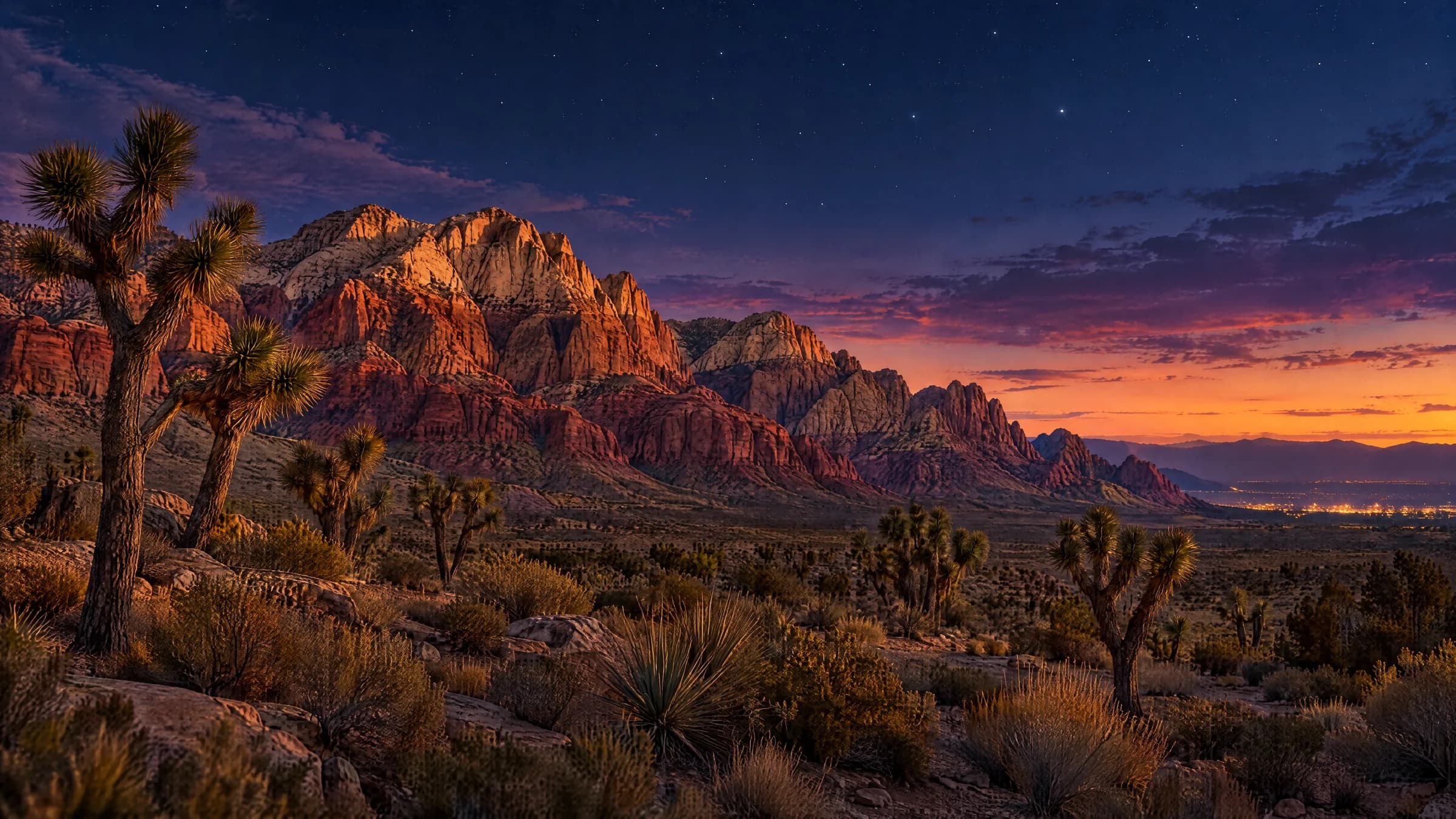 Red sandstone cliffs and Joshua trees in the desert west of Las Vegas at dusk, city lights on the horizon.